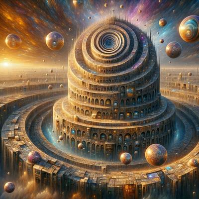 The primary subject of the image is a large, intricately designed building with a spiral structure. The building is situated in a futuristic setting, surrounded by a variety of colorful orbs and spheres. The visual style of the image is digital art, with a vibrant and imaginative atmosphere. The colors and mood of the image are lively and dynamic, with the orbs and spheres adding a sense of wonder and excitement to the scene.